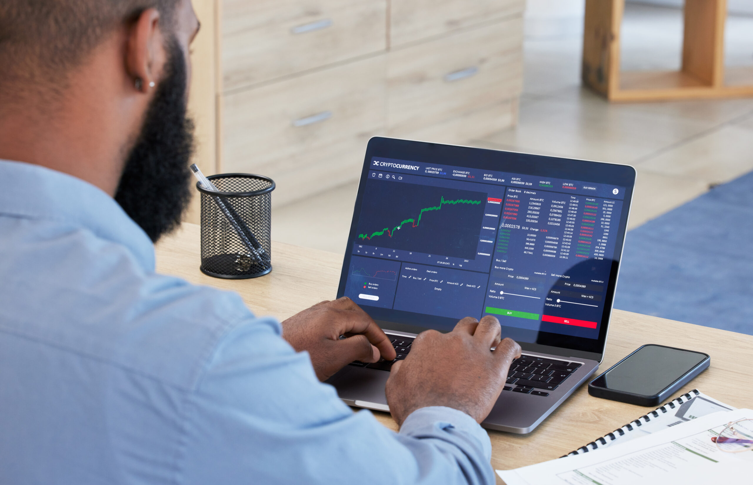laptop-finance-and-stock-market-with-a-man-broker-2023-11-27-05-18-50-utc Laptop, finance and stock market with a man broker working in his office for trading investment or .